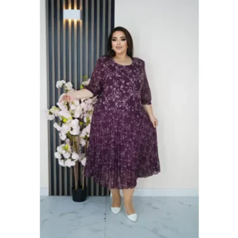 Φόρεμα μάξι με στρογγυλή λαιμόκοψη και μανίκια 3/4 με στάμπα-GR