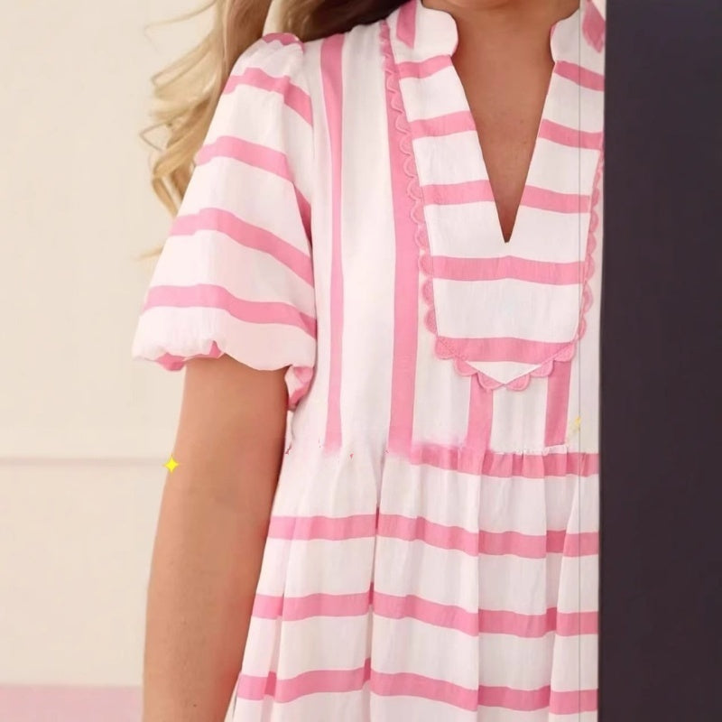 🌸Moteriška vasarinė dryžuota, laisva, kasdieniška, trumpomis rankovėmis suknelė-LT