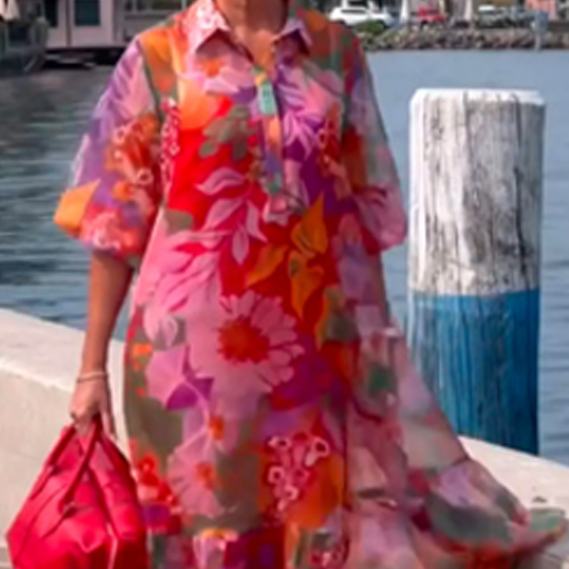 Κόκκινο φόρεμα από σιφόν με φλοράλ τύπωμα-GR