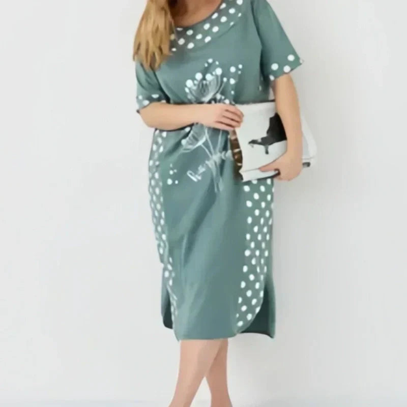 Γυναικεία καλοκαιρινά φαρδιά φορέματα με κοντά μανίκια και στάμπα σε γραμμή Α-GR