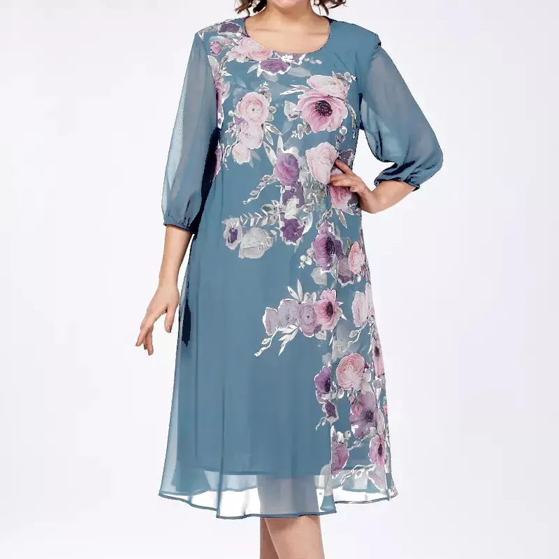 Κομψό φόρεμα από σιφόν με φλοράλ print και στρογγυλή λαιμόκοψη-GR