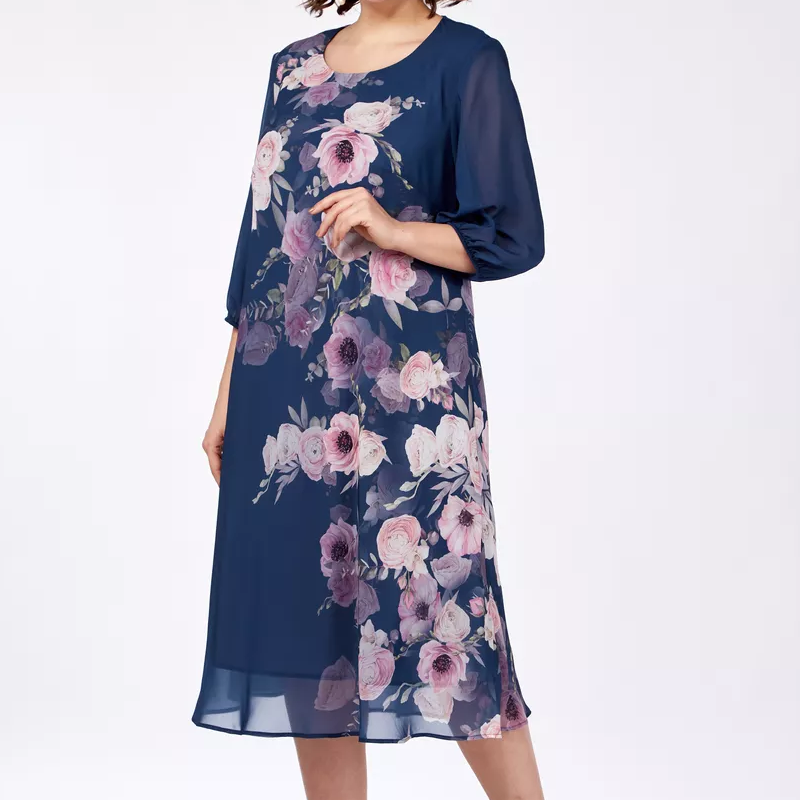 Κομψό φόρεμα από σιφόν με φλοράλ print και στρογγυλή λαιμόκοψη-GR