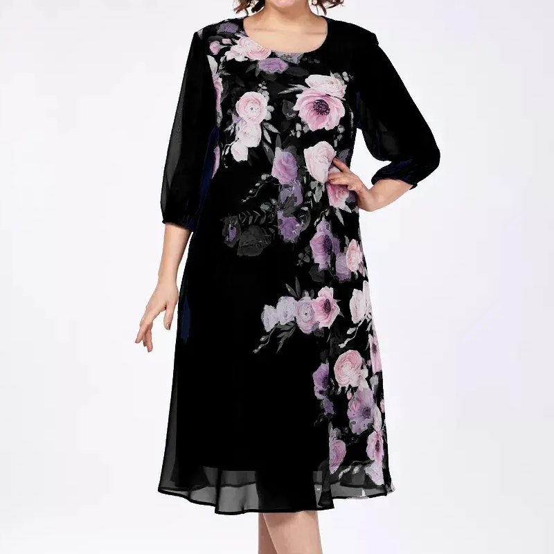 Κομψό φόρεμα από σιφόν με φλοράλ print και στρογγυλή λαιμόκοψη-GR