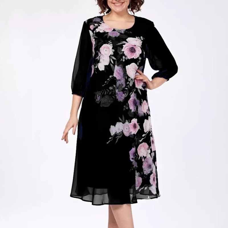 Κομψό φόρεμα από σιφόν με φλοράλ print και στρογγυλή λαιμόκοψη-GR