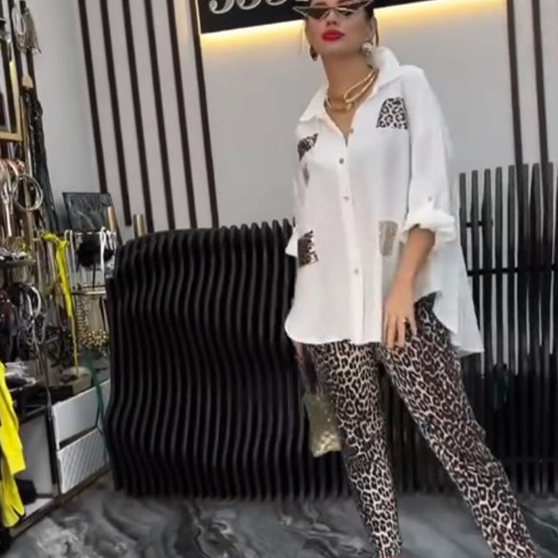 👗 Leopardo rašto rinkinys | Dviejų dalių laisvalaikio | Elastinė medvilnė-LT