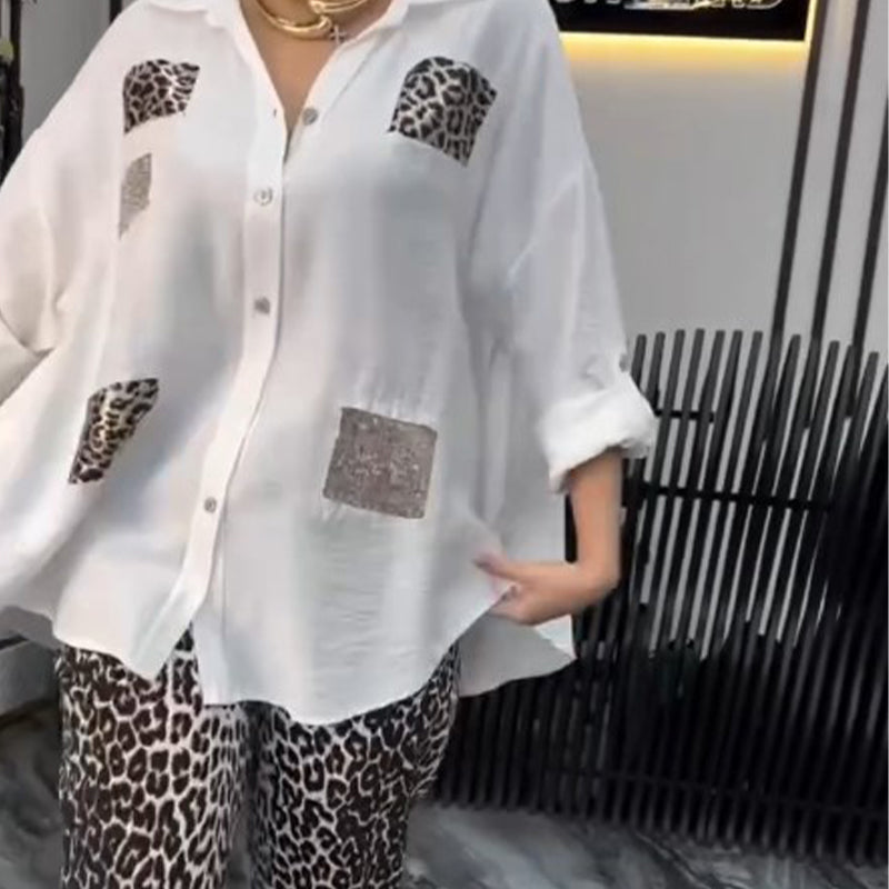 👗 Leopardo rašto rinkinys | Dviejų dalių laisvalaikio | Elastinė medvilnė-LT