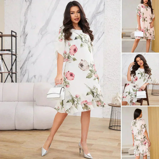 KARŠTA 50% 👗 Raudona žiedlapių spalvos žėrinti šifono suknelė-LT