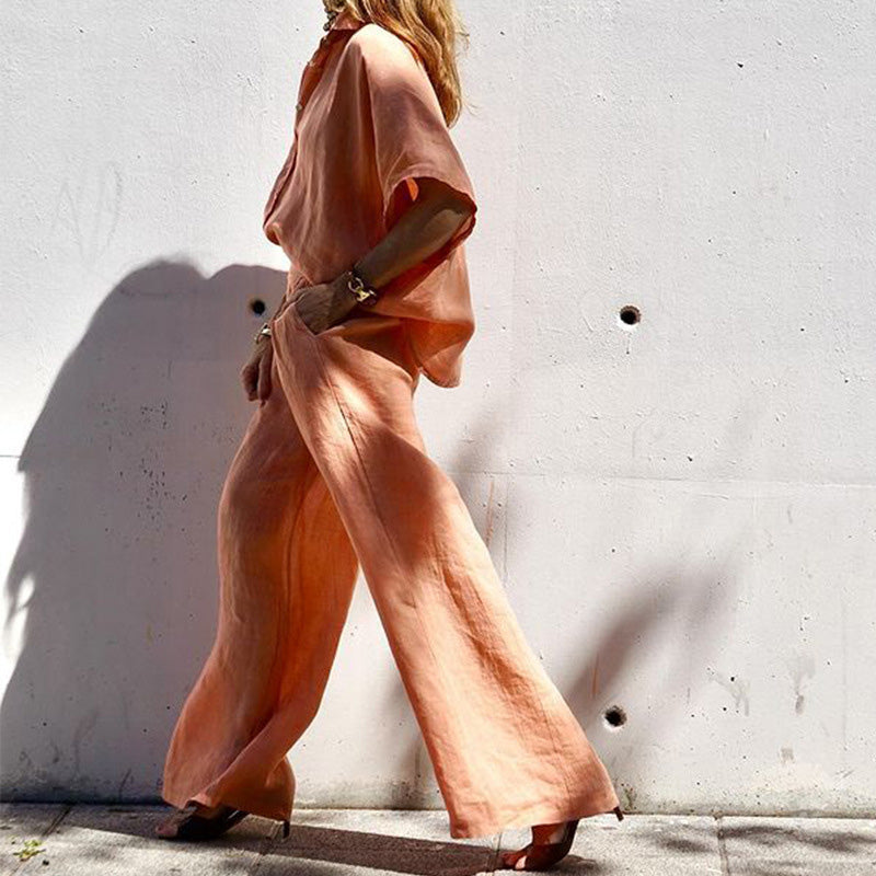 Γυναικείο σετ δύο τεμαχίων σε άτυπο στυλ από βαμβάκι και λινό-GR