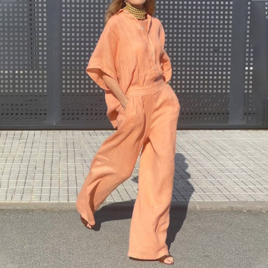 Γυναικείο σετ δύο τεμαχίων σε άτυπο στυλ από βαμβάκι και λινό-GR