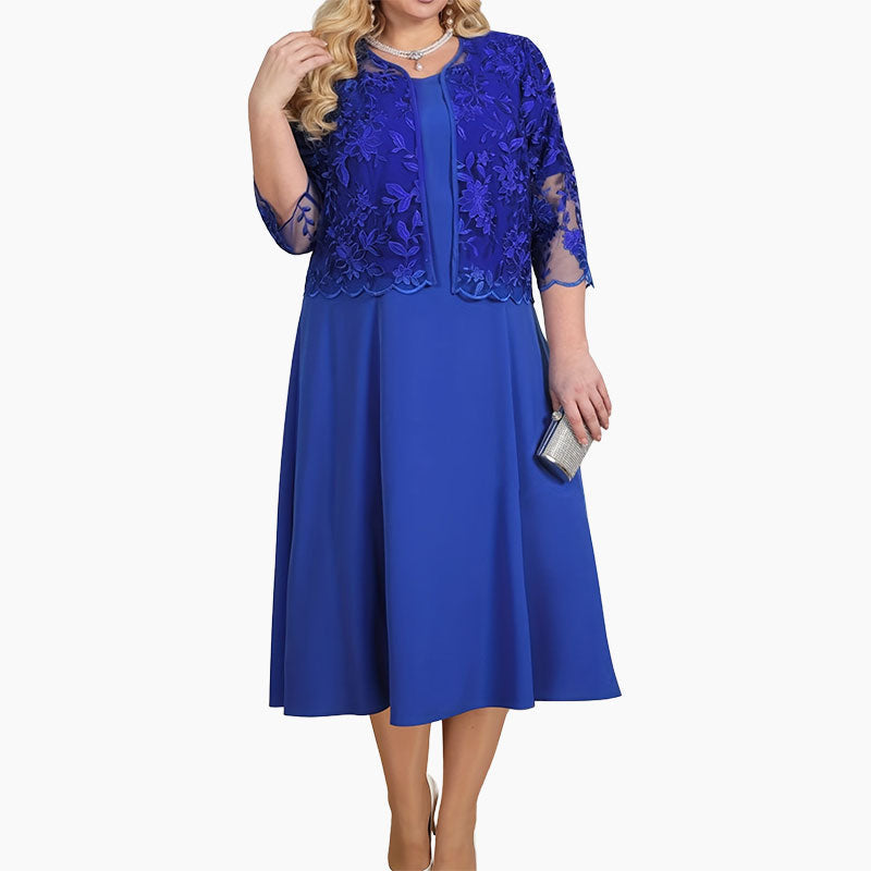 ✨Γυναικείο μονόχρωμο φόρεμα με κεντημένο σακάκι από δαντέλα-GR