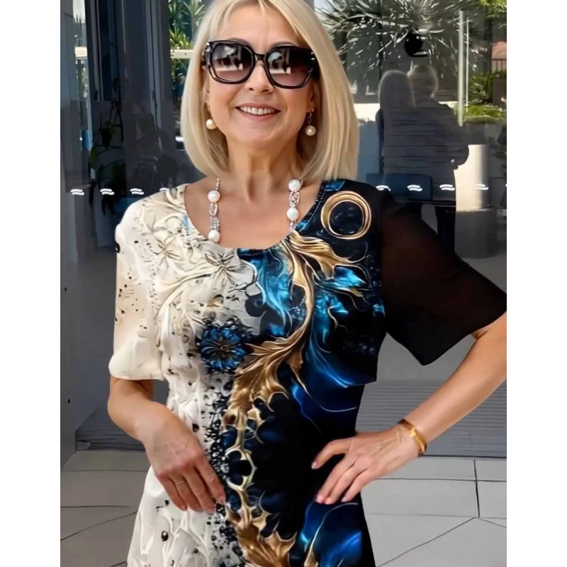 👗 Ženska poletna obleka A-kroja s cvetličnim potiskom in okroglim izrezom s kratkimi rokavi-SI