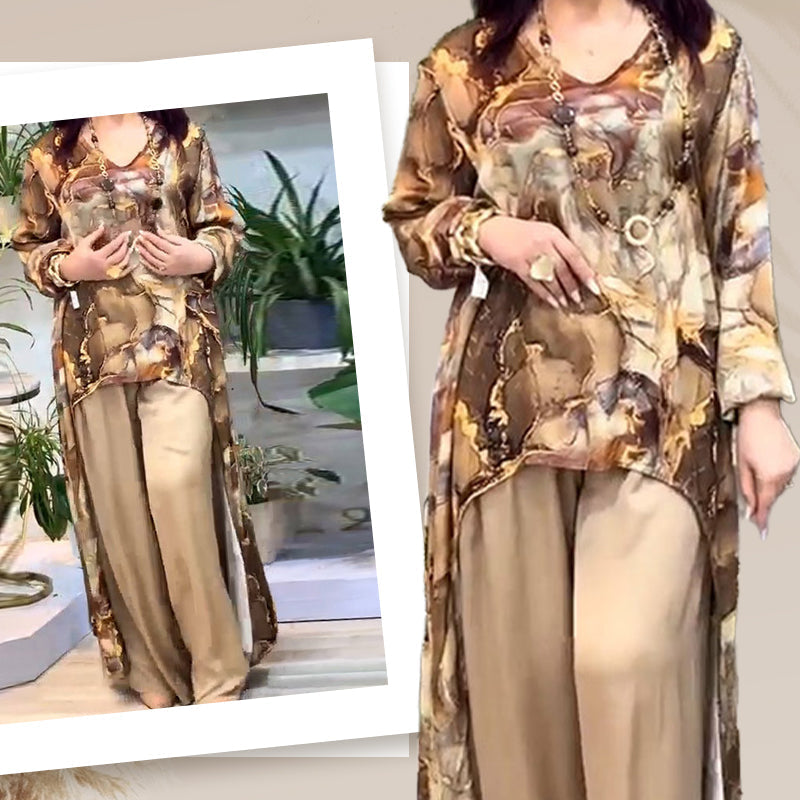 ❤️Γυναικείο σετ δύο τεμαχίων με μοντέρνο τυπωμένο τοπ και παντελόνι-GR