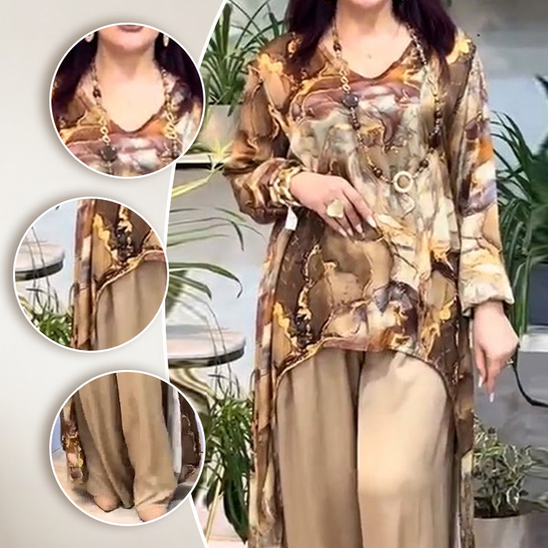 ❤️Moteriškas dviejų dalių komplektas su madinga spausdinta palaidine ir kelnėmis-LT