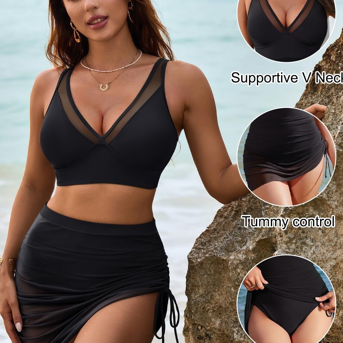 👙Σετ μπικίνι με ψηλόμεσο και διχτυωτό σχέδιο-EL
