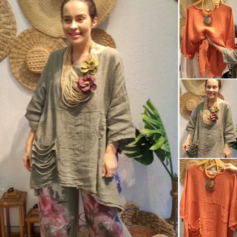 ✨Λινό τοπ με πλαϊνές τσέπες για γυναίκες με χαλαρή εφαρμογή-GR