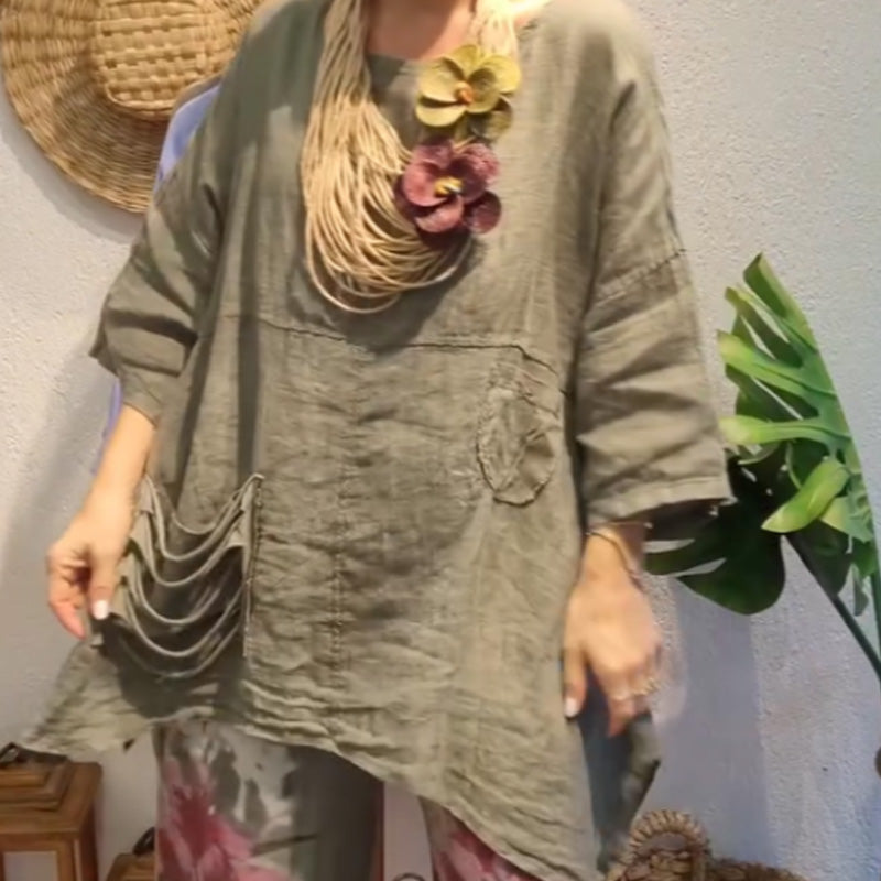 ✨Lininis viršus su šoninėmis kišenėmis moterims, laisvo kirpimo-LT