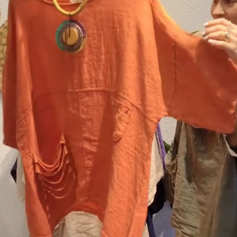 ✨Λινό τοπ με πλαϊνές τσέπες για γυναίκες με χαλαρή εφαρμογή-GR