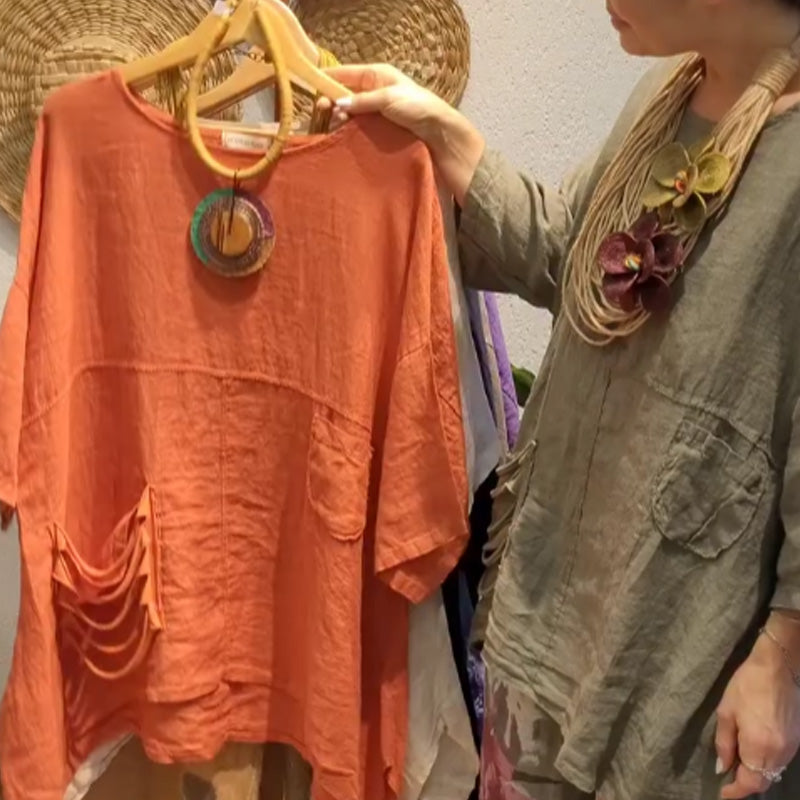 ✨Λινό τοπ με πλαϊνές τσέπες για γυναίκες με χαλαρή εφαρμογή-GR