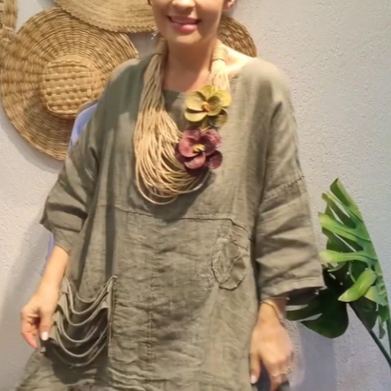 ✨Lininis viršus su šoninėmis kišenėmis moterims, laisvo kirpimo-LT