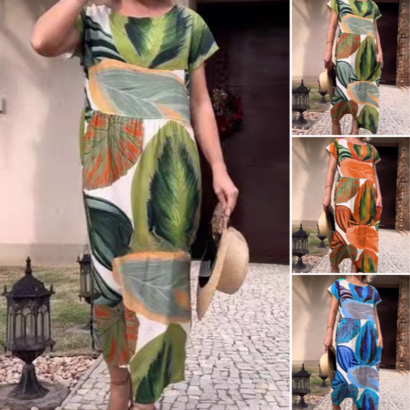 🌸 Spaustuotos šoninės skeltukų suknelės trumpomis rankovėmis moterims-LT