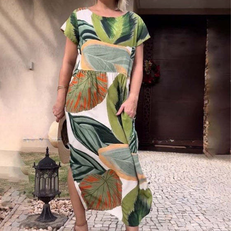 🌸 Potiskana obleka s stranskim razrezom in kratkimi rokavi s stranskim razrezom za ženske-SI