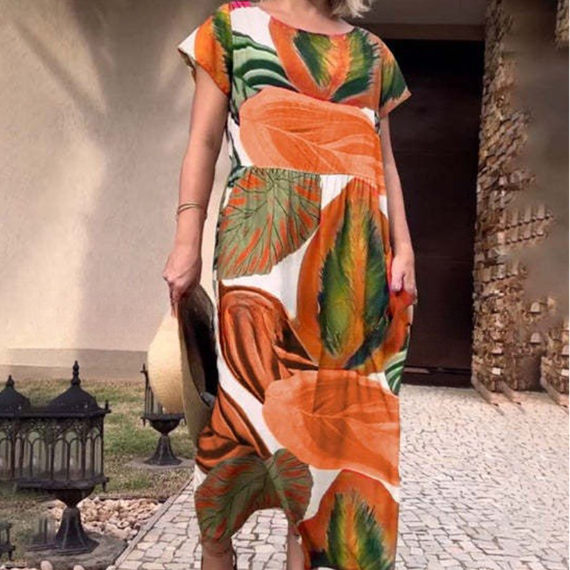 🌸 Spaustuotos šoninės skeltukų suknelės trumpomis rankovėmis moterims-LT