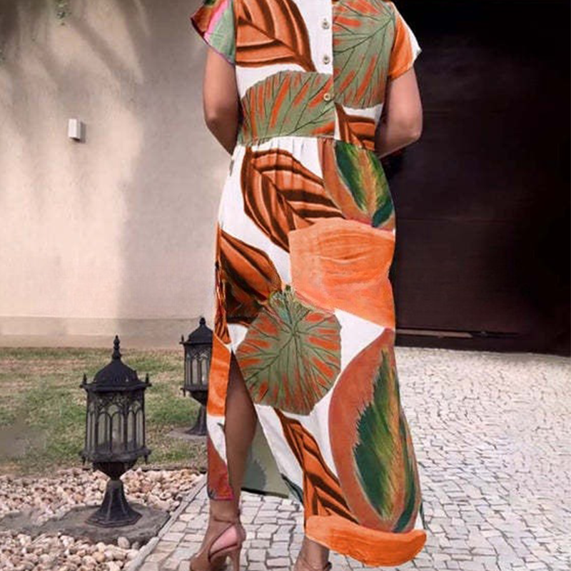 🌸 Spaustuotos šoninės skeltukų suknelės trumpomis rankovėmis moterims-LT