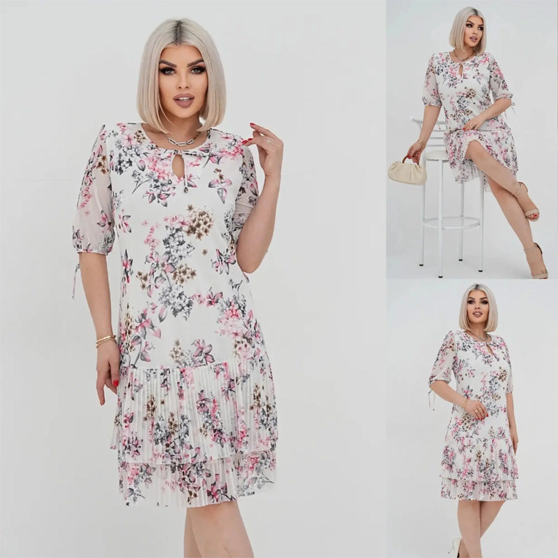 Γυναικείο κομψό φόρεμα με κοντό μανίκι και πλισέ μακρύ φόρεμα-GR