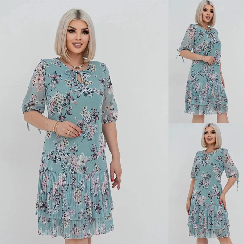 Γυναικείο κομψό φόρεμα με κοντό μανίκι και πλισέ μακρύ φόρεμα-GR