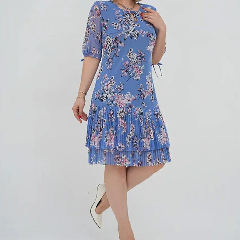 Γυναικείο κομψό φόρεμα με κοντό μανίκι και πλισέ μακρύ φόρεμα-GR