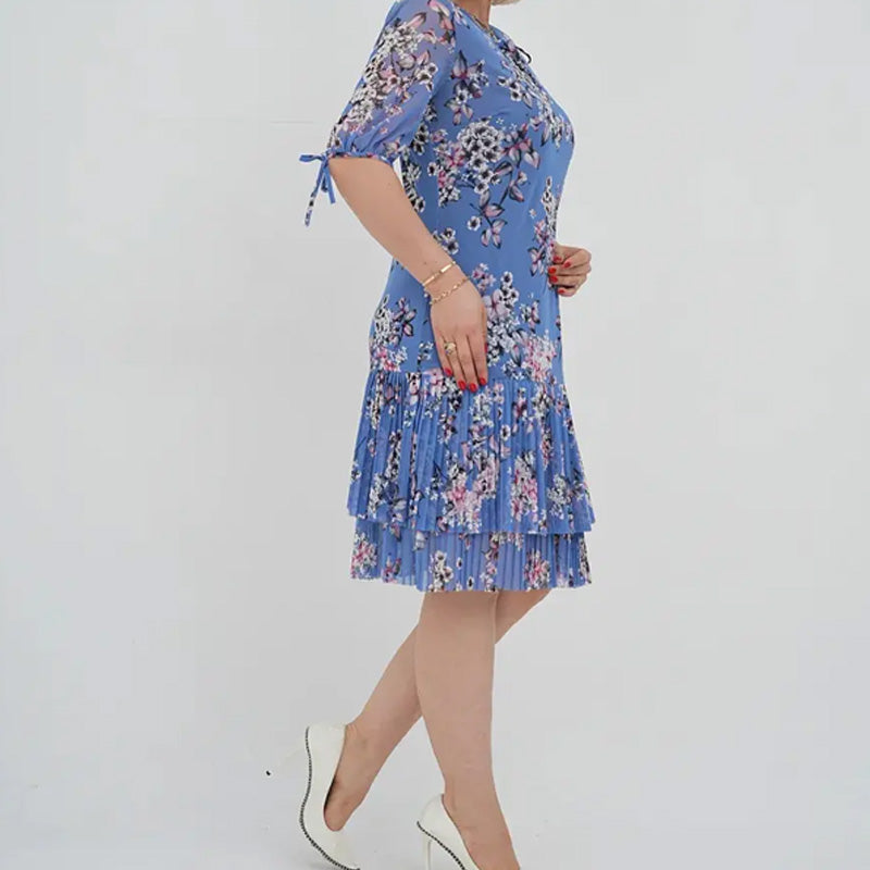 Γυναικείο κομψό φόρεμα με κοντό μανίκι και πλισέ μακρύ φόρεμα-GR