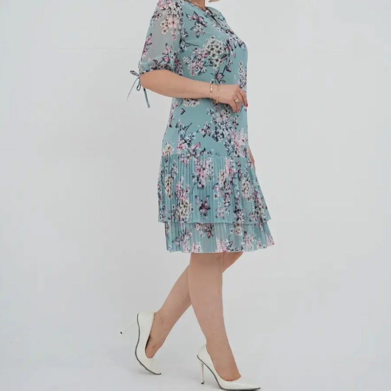 Γυναικείο κομψό φόρεμα με κοντό μανίκι και πλισέ μακρύ φόρεμα-GR