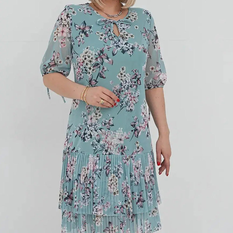 Γυναικείο κομψό φόρεμα με κοντό μανίκι και πλισέ μακρύ φόρεμα-GR