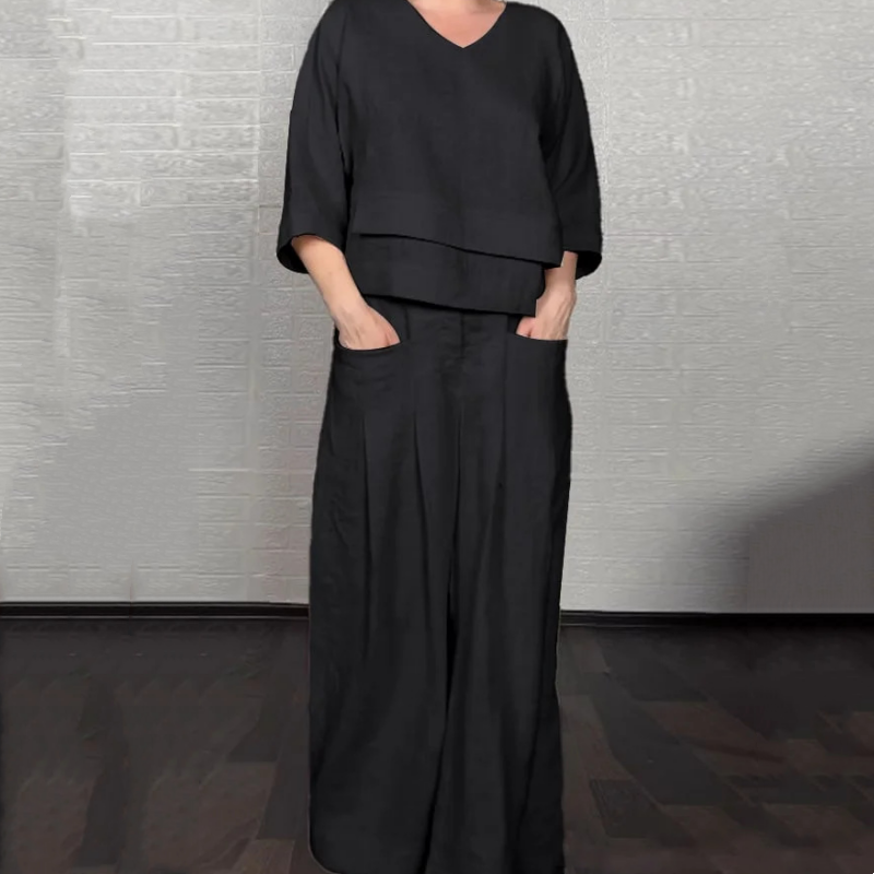 Σετ δύο τεμαχίων με ακανόνιστο στρίφωμα, κοντομάνικο από βαμβάκι και λινό-GR