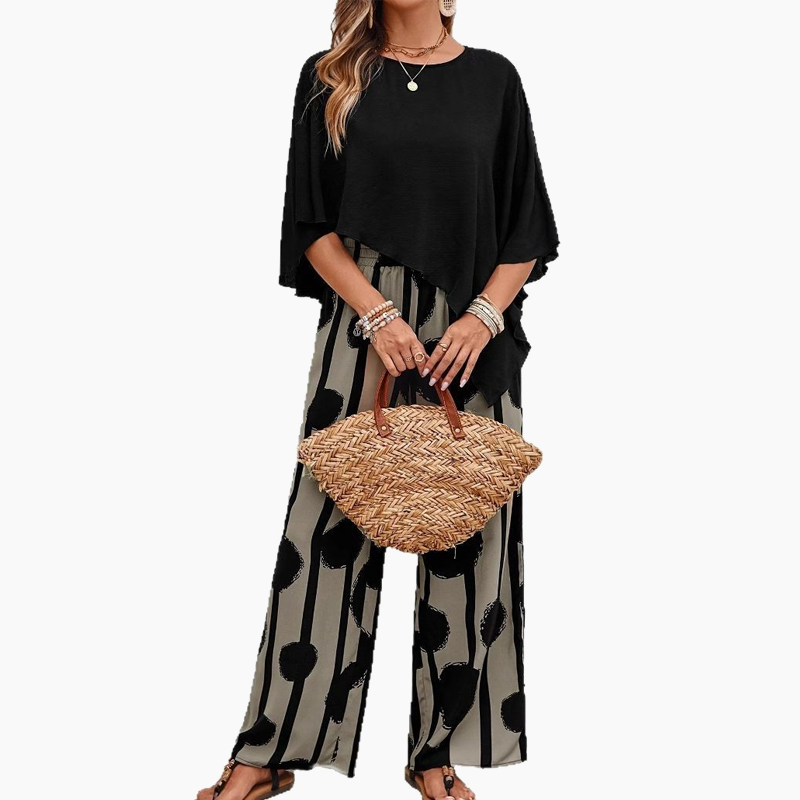 Κομψό σετ με τοπ με μανίκια τριών τετάρτων και παντελόνι με σχέδια-GR