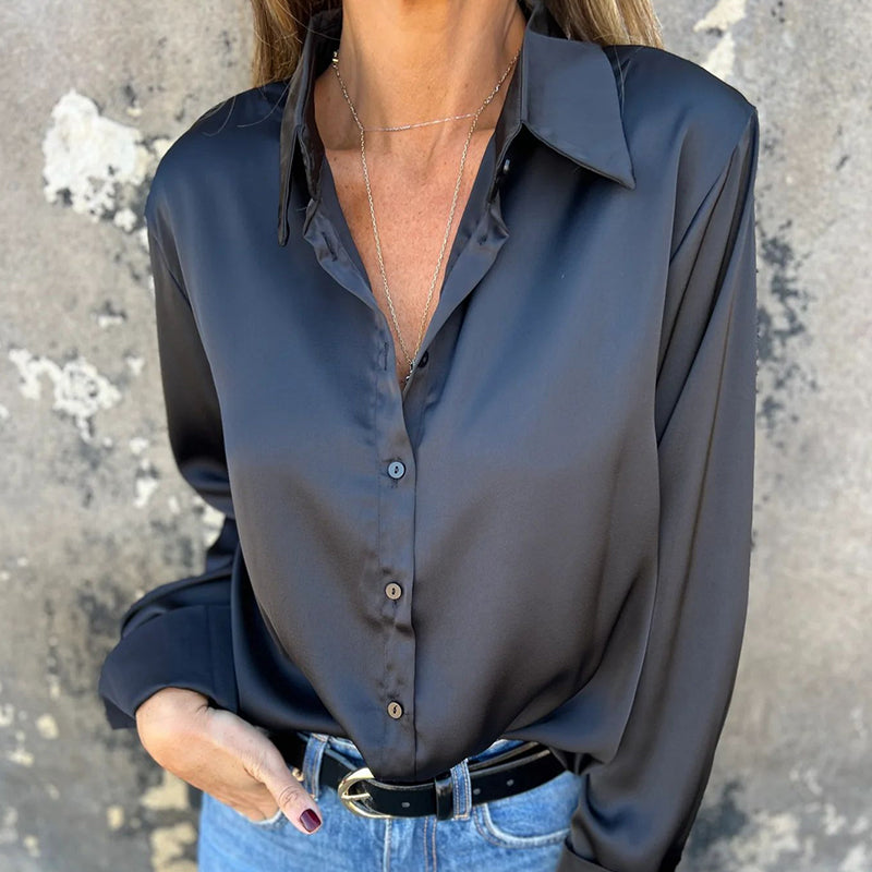 🎊 Καλοκαιρινά νέα🎊 Κομψό σατέν πουκάμισο με μακριά μανίκια-GR