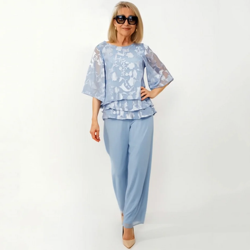 Κομψές γυναικείες μπλούζες με γραβάτες και φαρδιά παντελόνια σε σετ-GR