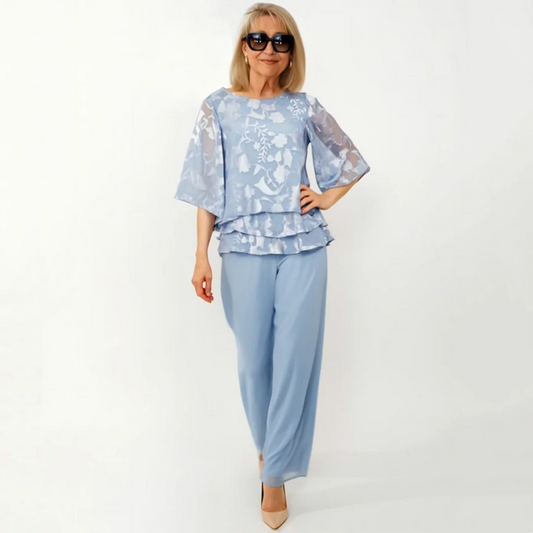 Κομψές γυναικείες μπλούζες με γραβάτες και φαρδιά παντελόνια σε σετ-GR