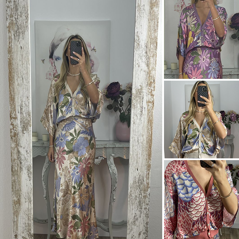 🏆🌸Σετ δύο τεμαχίων για γυναίκες: Τοπ με V ντεκολτέ και μακριά φούστα-GR