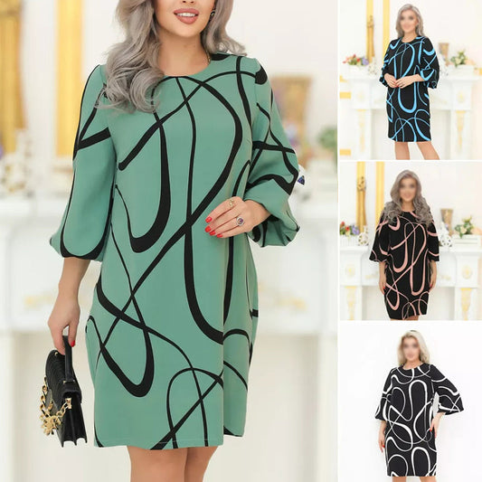 🌸 Raštuota suknelė apvalia iškirpte ir septynių ketvirčių rankovėmis-LT