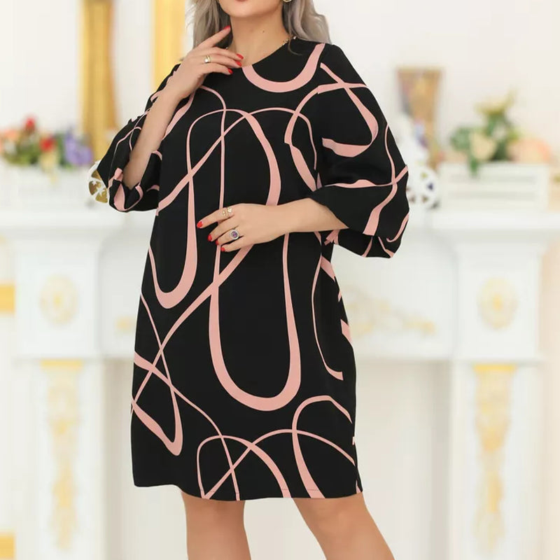 🌸 Φόρεμα με στάμπα, στρογγυλή λαιμόκοψη και μανίκια επτά τετάρτων-GR