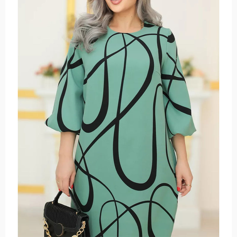 🌸 Raštuota suknelė apvalia iškirpte ir septynių ketvirčių rankovėmis-LT