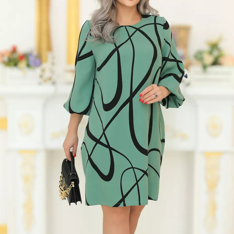 🌸 Φόρεμα με στάμπα, στρογγυλή λαιμόκοψη και μανίκια επτά τετάρτων-GR