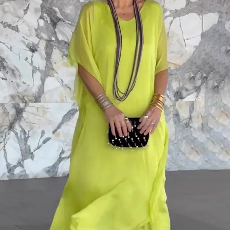 Γυναικείο Φόρεμα Maxi με V-Neck, Αεριζόμενο και Ριχτό Στυλ-GR