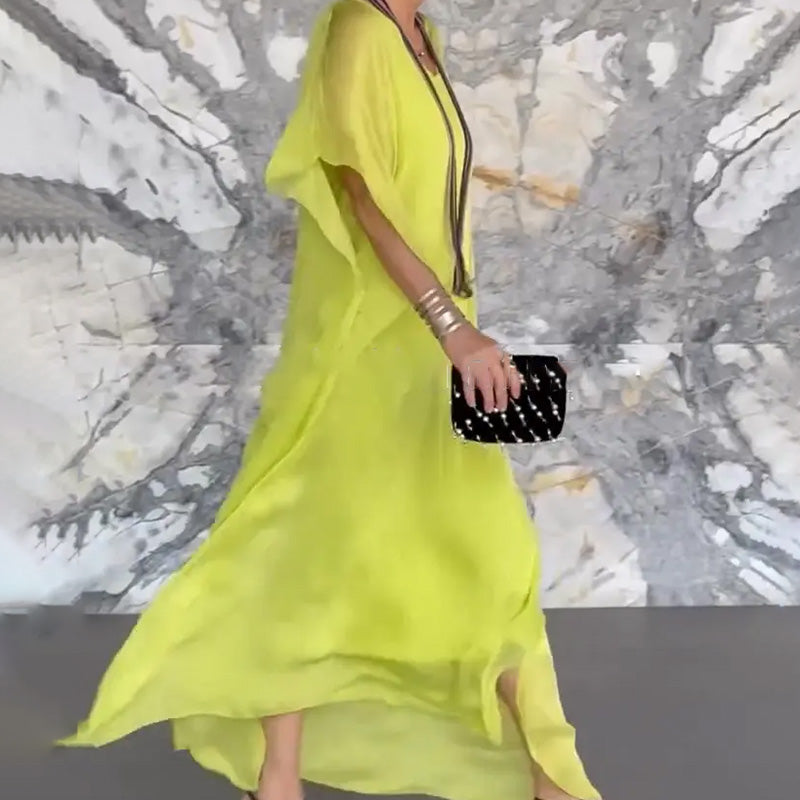 Γυναικείο Φόρεμα Maxi με V-Neck, Αεριζόμενο και Ριχτό Στυλ-GR