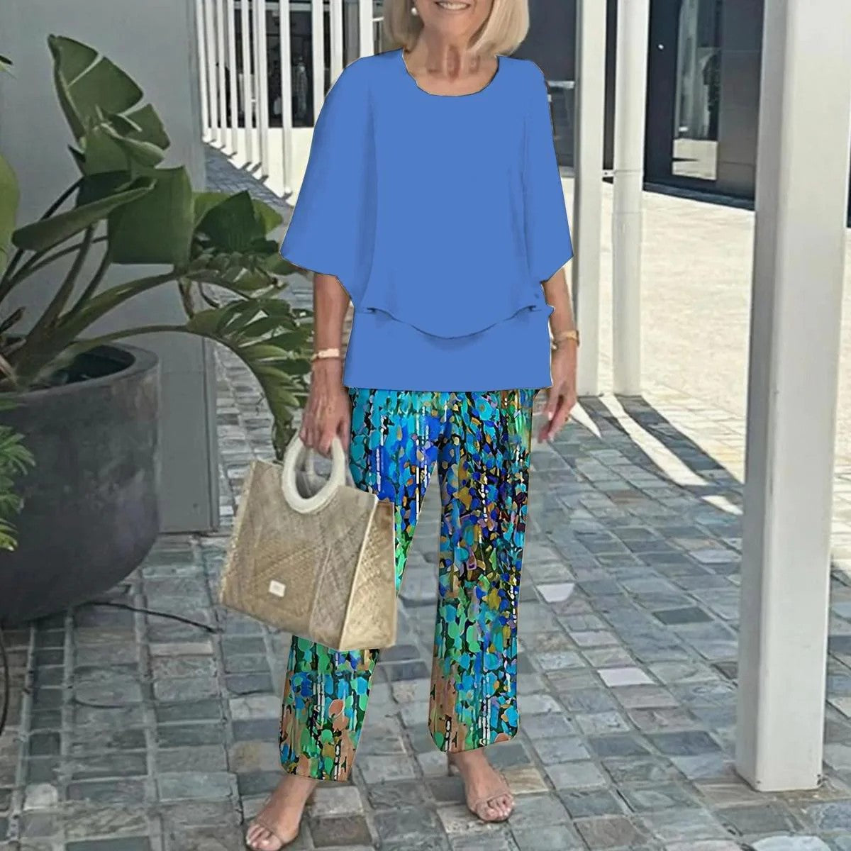 🌸Σετ γυναικείου casual παντελονιού με στρογγυλή λαιμόκοψη και στάμπα με κοντό μανίκι-GR