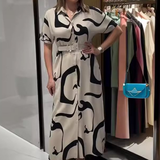 Γυναικείο μακρύ φόρεμα με κοντό μανίκι και στάμπα-GR