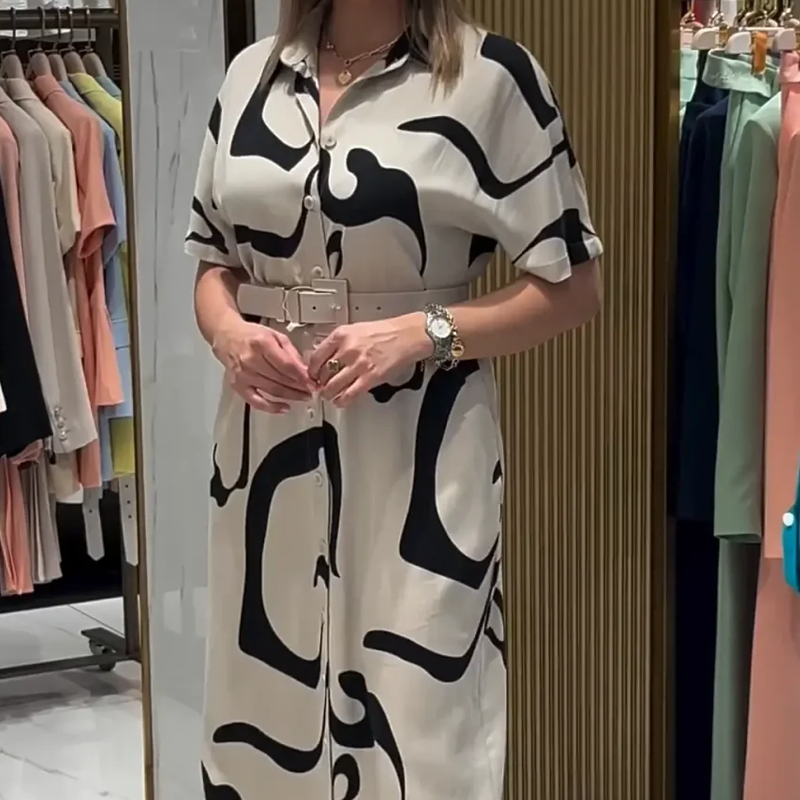 Γυναικείο μακρύ φόρεμα με κοντό μανίκι και στάμπα-GR