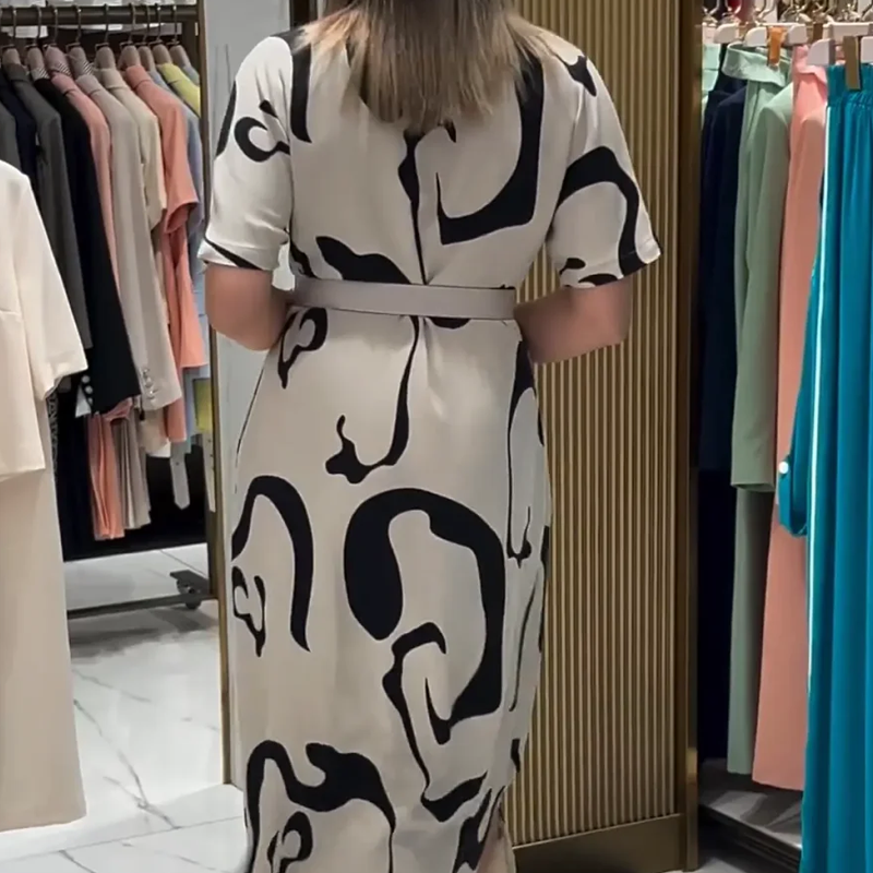 Ženska potiskana obleka s kratkimi rokavi-SI