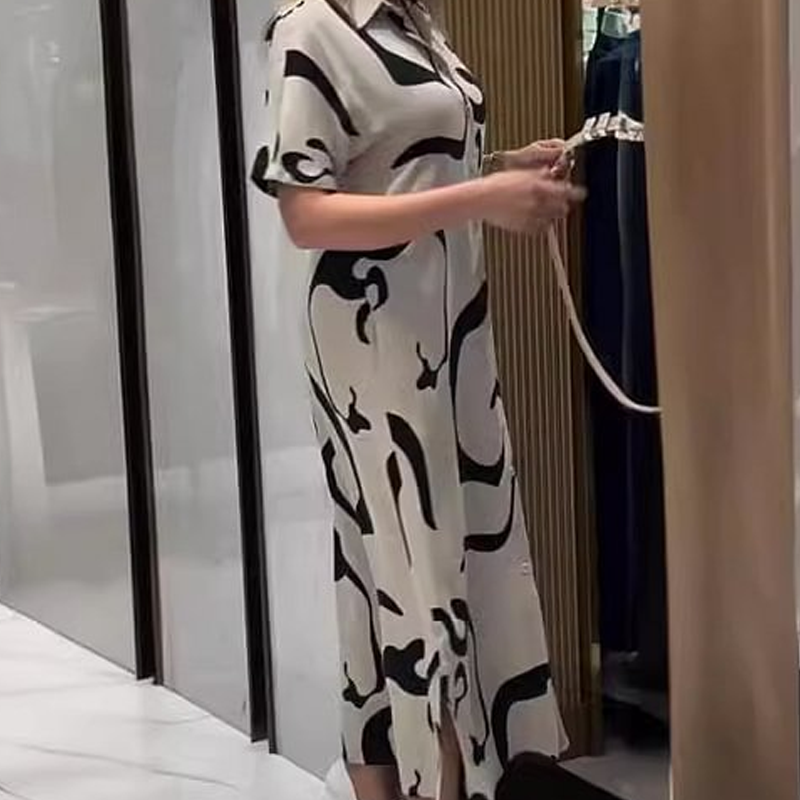 Ženska potiskana obleka s kratkimi rokavi-SI